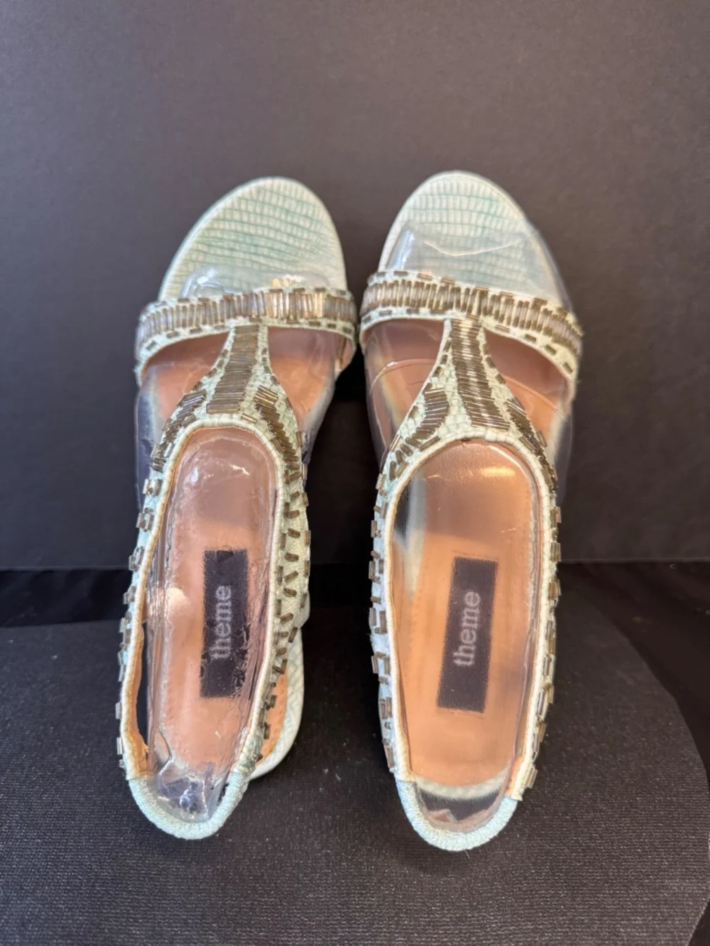 Theme Mint Green/Blue Snake Emb Beaded Wedge Sandals Size 6 T-Strap Heels